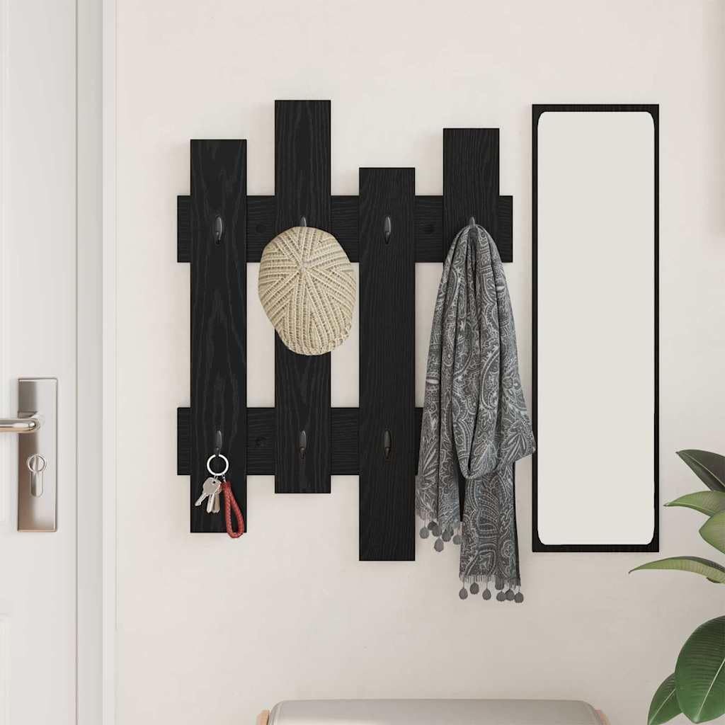 Black Oak Floating Wall Shelf with 4 Hooks | Measures 23.6 x 1.2 x 32.3 inches, crafted from engineered wood for space-saving storage in entryways and bedrooms.