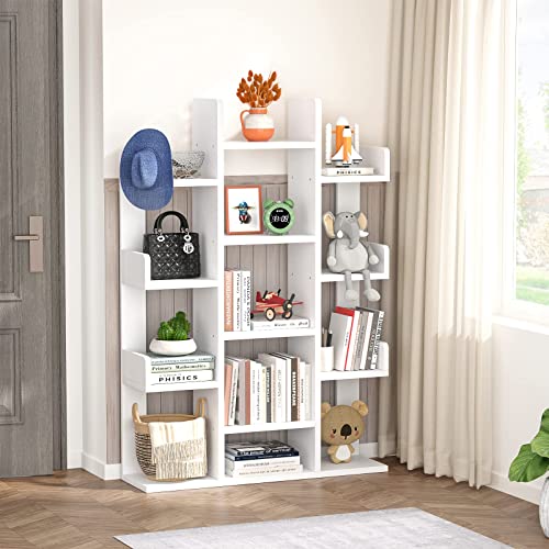 Aheaplus Bookshelf, Tree-Shaped Bookcase Storage Shelf With 13 Compartments, Books Organizer Display Cube Shelves, Industrial Free Floor Standing Wood Open Bookshelves For Home, White #TOP4