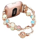 iMYMAX for Fitbit Versa Band Adjustable Crystal Pearl Bracelet Replacement Women Girls Wristband for Fitbit Versa Smart Watch Updated Style (Rose Pink Fluorescent)