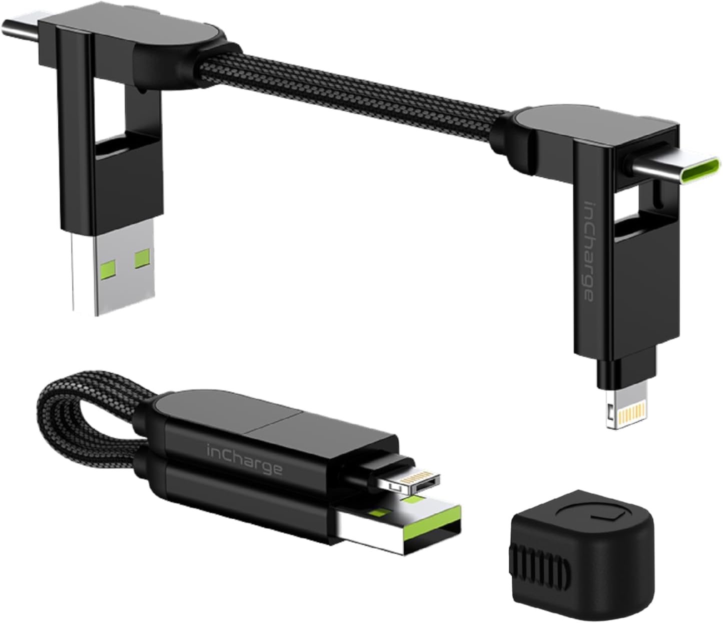 Rolling Square inCharge X Portable Keychain Charging Cable 6 in 1 Multi Charging Cable 100W Super Fast Charging Black