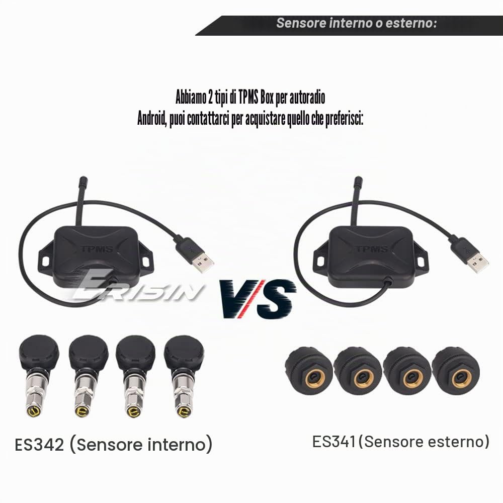 Erisin USB TPMS Modulo Strumento Pressione Pneumatici 4 Sensori Esterni per Android 10/11/12 Autoradio