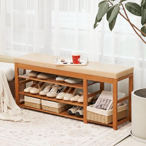 PETKABOO 47.2 in Shoe Rack Bench with Cushion, 3 Tier Bamboo Entryway Bench with Storage for Entryway, Hallway, Bedroom, Living Room - image 2