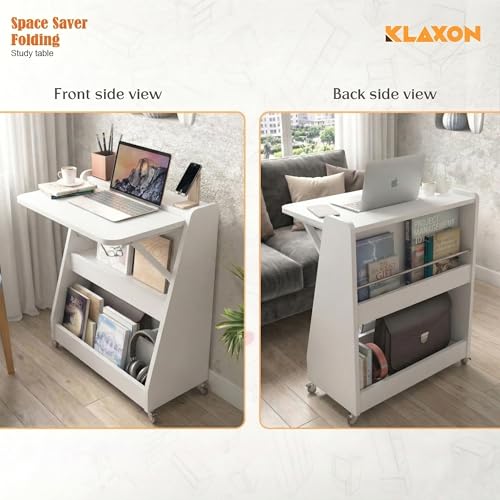 Image of Klaxon Foldable Study Table with Drawer & Storage Shelf | Compact Desk for Home & Students | Folding Design with Lockable Wheels. (Black, DIY Installation) (White, Mylo)