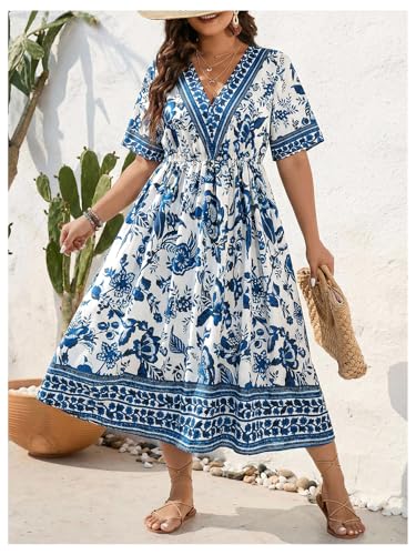 Image of Floerns Women's Plus Size Boho Hawaiian Tropical Dresses V Neck Short Sleeve Floral A Line Long Dress Vacation Beach Outfits