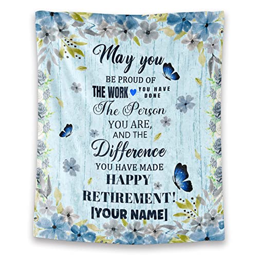 Custom Retirement Throw Blanket - Soft, Fuzzy & Warm - 40x50 Inches Flannel Blankets for Women, Men - Light Blue Modern Throws Farewell Gift for Coworker