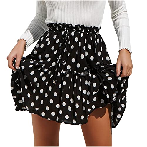 Women Skirt Polka Dot Print Skater Skirt for Women Chiffon Skirt Boho Floral Summer Dress for Women Cute Mini Skirt Black