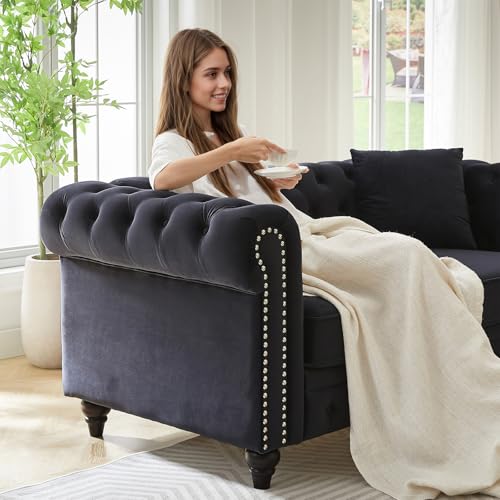 Image of Modern Chesterfield Sofa Couch, 63.5-inch Velvet Fabric Loveseat Sofa with Rolled Arms and Tufted Button for Living Room, Office, Black