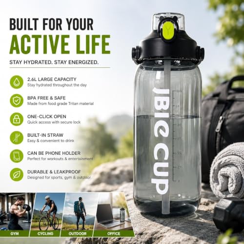 Image of Ryaco Delzon 2.6L Water Bottle BPA-Free Leakproof with Silicone Pipe, Large Reusable Hydration Bottle for Gym, Sports, Office, Travel, Fitness & Camping