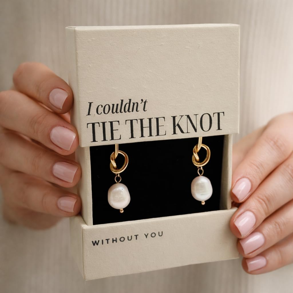 Pearl Earrings for Bridesmaids – Gold Pearl Drop Earrings, Tie the Knot Bridesmaid Proposal Gift, Wedding Party Jewelry, Hypoallergenic
