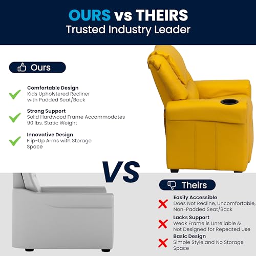 Image of Flash Furniture Vana Vinyl Kids Recliner with Cup Holder, Headrest, and Safety Recline, Contemporary Reclining Chair for Kids, Supports up to 90 lbs., Yellow