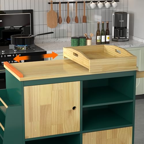 Image of NSdirect Kitchen Island Cart,Kitchen Bar&Serving Cart Rolling on Wheels with Spice Rack Towel Holder Utility Storage Trolley with Storage Drawers,Green