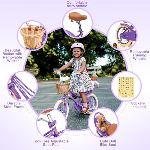 Image of Glaf Girls Bike Bicycle for 2-12 Years Old 12 14 16 20 inch Kids Toddler Bike with Training Wheels and Basket,Doll Seat, Kids Bike Bicycle for Gift