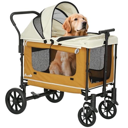 PawHut 2 in 1 Hundewagen Hundebuggy klappbar für Hunde & Katzen bis 30 kg Bollerwagen mit Kissen Netzfenstern 2 Türen Aufbewahrungstasche Katzenwagen Buggy Braun
