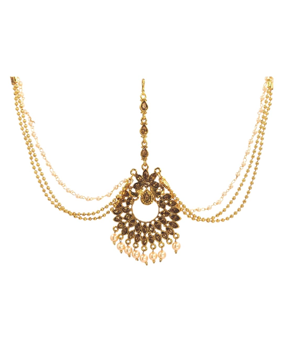 JYONA Etched Alloy Oxodised Gold Plated Pearl Matha Patti For Girls And Women (Damini02)