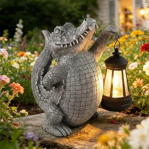 Carchistan Glowing Alligator Statue Yard Decor, Alligator Manager Holding Solar Lamp, Perfect Solar Statues and Sculptures for Stunning Lawn Ornaments Garden Outdoor Decorations, 9.1" Tall
