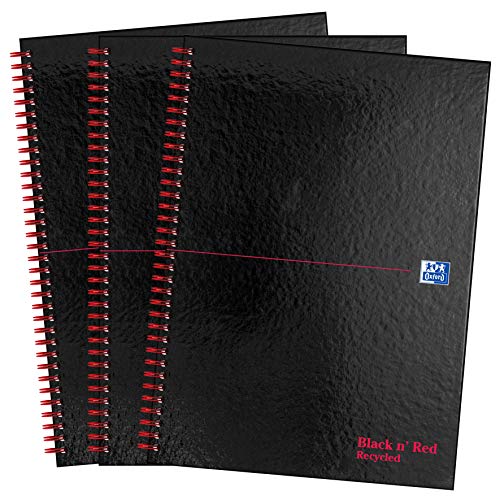 Oxford Black n' Red A4 gerecycleerd glanzend geharde draadgebonden notitieboekje, gelijnd 140 pagina, verpakking van 3