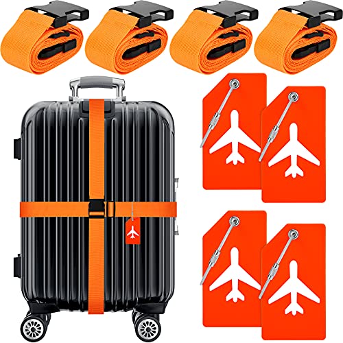 4 Pack Luggage Straps Set Adjustable Suitcase Belts Silicone Luggage Tags Travel Suitcase Tags with Name ID Card for Luggage Suitcase Travel Accessories (Orange)
