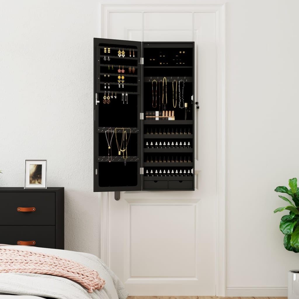 Artículos para el hogar, armario de joyería con espejo con luces LED, montado en la pared, negro, muebles de traje