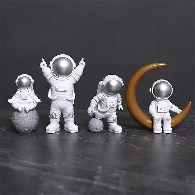 Tazweeq 4 Pcs Silver White Astronaut Statues Set, Spaceman Sculpture Figurines Home Ornament Cake Toppers Gift, for Desktop&Tabletop Decor, White