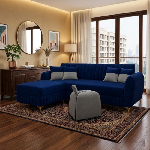 Image of CASASTYLE Signature Velour 4-Seater L-Shape Sofa Set with Movable Ottoman & Suri Pouf | Flexible LHS /RHS Layout | Boston Fabric | 40D Foam + Zigzag Spring | 3-Yr Warranty (Midnight Blue, Light Grey)