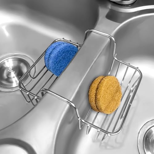 Stainless Steel Sponge Holder for Kitchen Sink Double Hanging Organizer for Dish Brush and Sponge 2.2 Inch Rust-Resistant Sink Caddy Easy Drain Drying Rack for Kitchen Cleaning