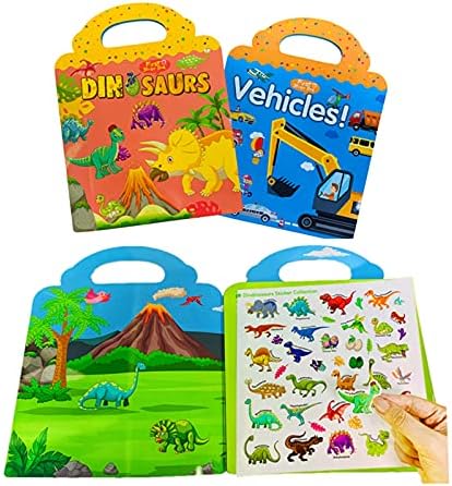Reusable Sticker Books for Kids,Learning Toys for Toddlers 1-3,Vehicles&Dinosaurs Stickers Toys for 2 4 5 Year Old Boys,Christmas Birthday Gifts for Boys Age 2-5 Year Old