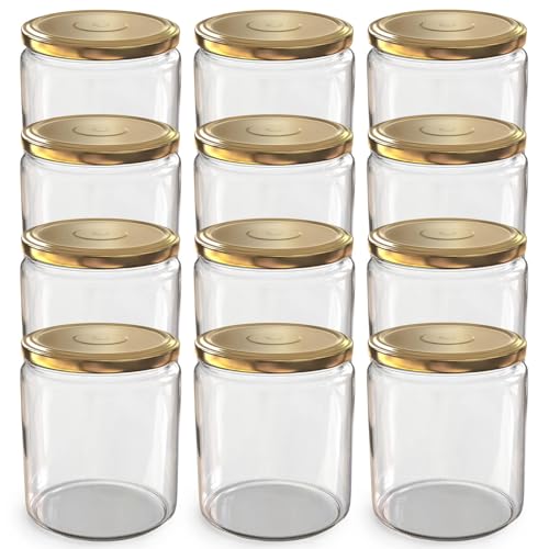 Oputec Lot de 12 bocaux de 405 ml avec couvercles à visser dorés TO 82 - Parfaits pour les confitures, les confitures et plus encore, grands bocaux avec...