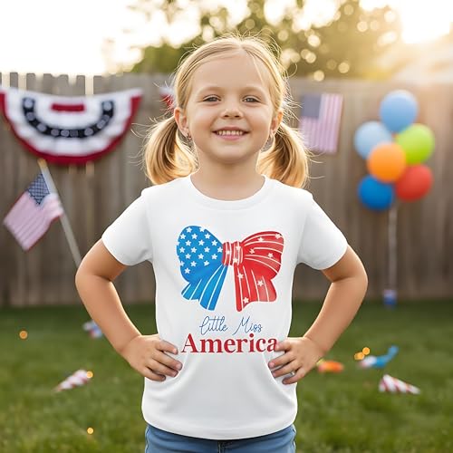 Image of Kids Toddler Girls 4th of July T-Shirt Coquette Bowknot Patriotic USA 250 American Flag Independence Day Top