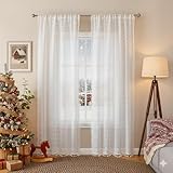 Ronaldecor White Boho Linen Textured Tassel Sheer Lace Curtains, Chic Crochet Geometry Knitting Rod Pocket Window Drapes for Living Room Bedroom, 2 Panels,84' L x 40' W