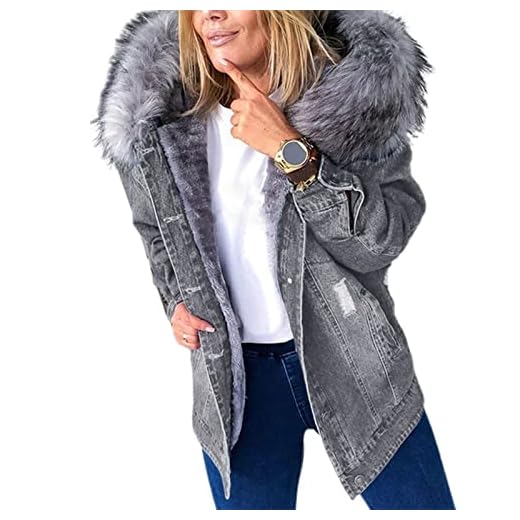 Dam kappa rea denim kappa huva plysch dam smal medellång jacka ytterkläder kappa damer koftor, Grå, 3XL