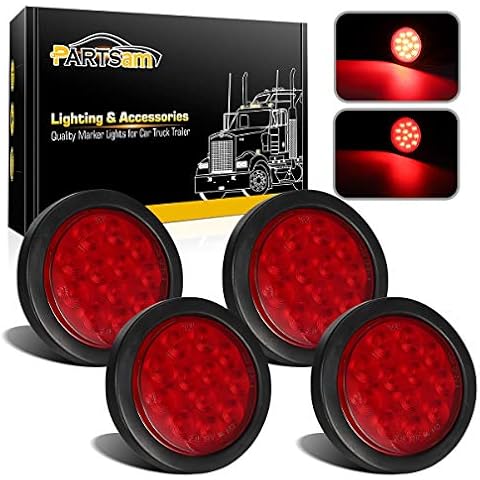 Partsam 4Pcs 4 Inch Round Led Trailer Tail Lights Kit Red 12 LED Waterproof 4" Brake Stop Turn Tail Marker Trailer Lights Sealed Flush Mount for Truck RV Boat UTE UTV 12V Grommet Plug Included Cover