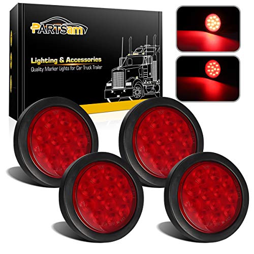 Partsam 4Pcs 4 Inch Round Led Trailer Tail Lights Kit Red 12 LED Waterproof 4 Brake Stop Turn Tail Marker Trailer Lights Sealed Flush Mount for Truck RV Boat UTE UTV 12V Grommet Plug Included