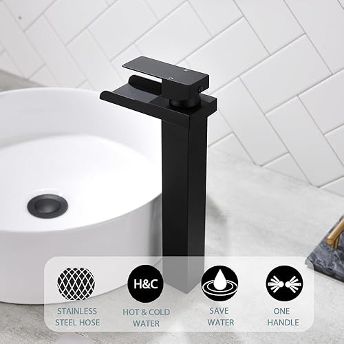 Miniatura 3 de BF010B - Grifo de lavabo de baño, grifo de fregadero alto negro mate, grifo de fregadero de lavabo de lavabo de lavabo con desagüe desplegable