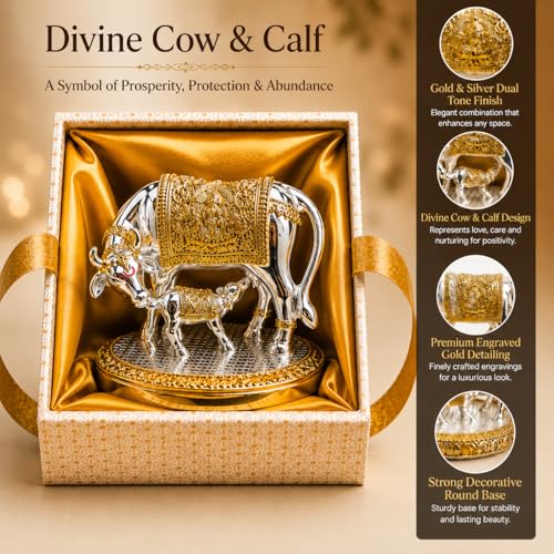 Image of KYAT Pure 999 Fine Silver Kamdhenu Cow with Calf Idol Elephant Pair (Kamdhenu Gold & Silver- 2.5'')