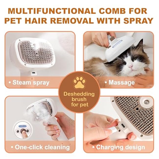 Cat Steam Brush for Indoor Cats, Dog Brush for Shedding, Spritz Defur Comb for Short & Long Hair, Pet Spray Hair Removal Comb, USB Rechargeable Grooming Supplies Steam Brush for All Pets (White)-Db97m9pJ