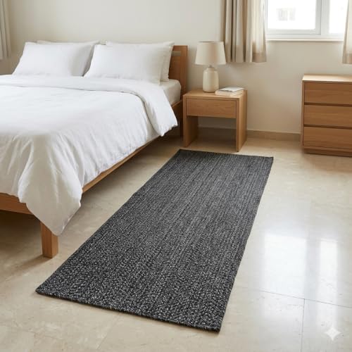 Image of Handmade Cotton Braided 2x6 feet Runner Rug - Washable, Low Pile Reversible Floor Mat for Bedroom, Kitchen, Entryway & Living Room - Eco-Friendly Woven Carpet - (Charcoal, Rect)