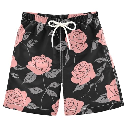 Boys Beach Board Shorts Rose Black Funny Flower Swim Trunk Teen Swimwear