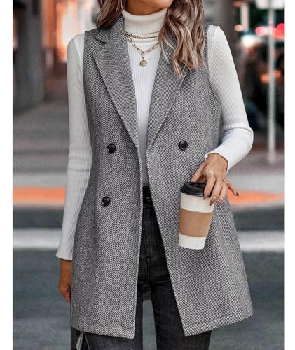 SEMATOMALA Wool Blend Long Vest for Women Sleeveless Tweed Blazer Jacket Longline Cardigan Outerwear4