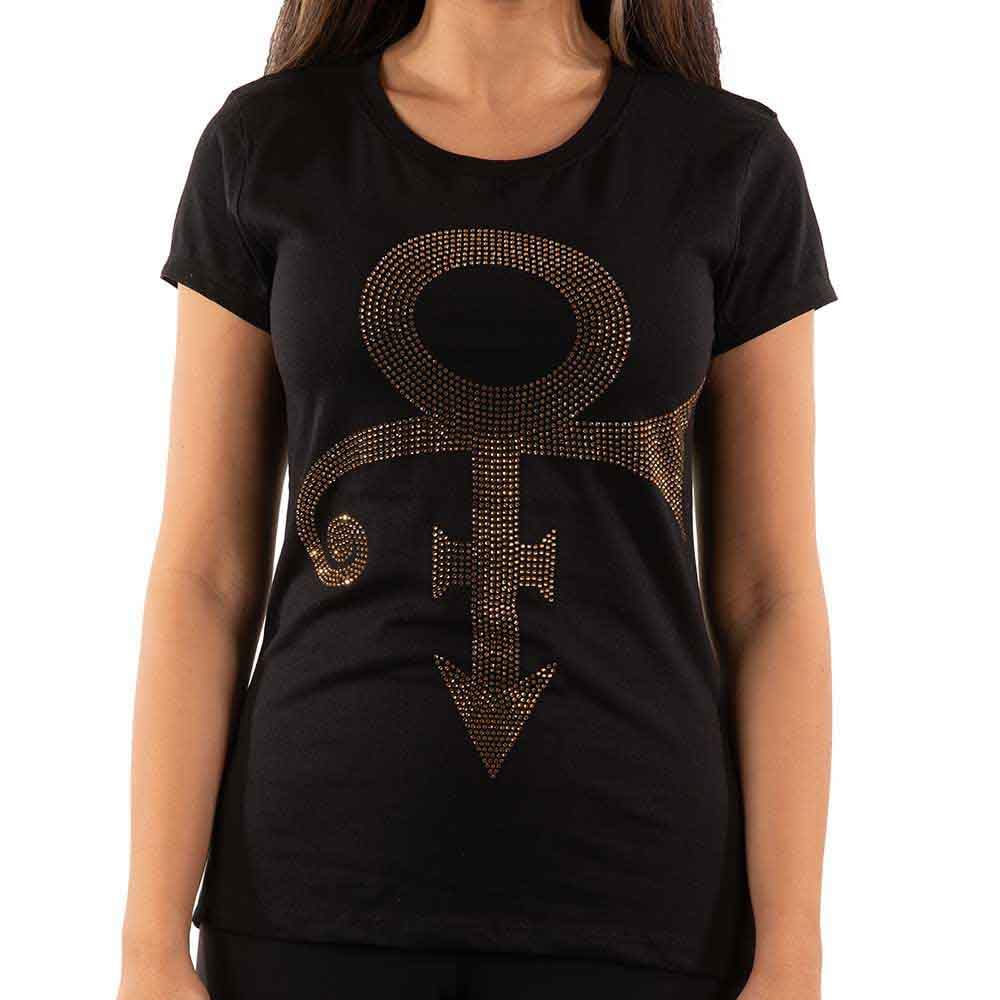 Prince T Shirt Gold Symbol Diamante Logo Official Womens Skinny Fit Black M
