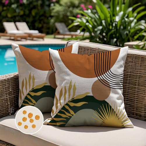 Jayusaror Housse Coussin 40 x 40 Exterieur Impermeable Orange Vert Boho Abstraites Géométriques Taie d'oreiller Modernes Décoratif Feuilles Tropicales...