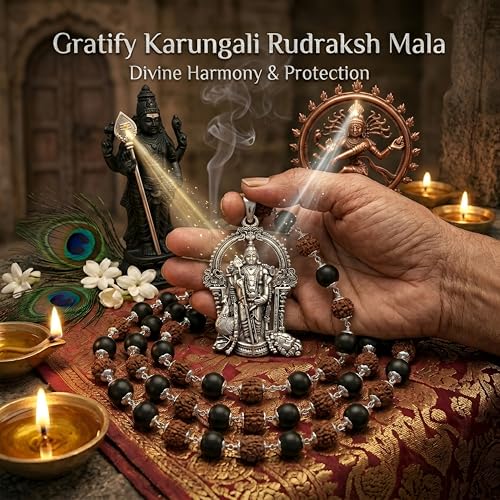 Image of Gratify Original Rudraksha & Karungali Mala 8mm 54 Beads with Lord Murugan Pendant | Natural Ebony Wood Spiritual Necklace for Meditation, Protection, Focus & Positive Energy | Unisex Mala