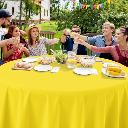 Image of Ragnhild 16 Pack Yellow Plastic Round Tablecloth, 84 Inch, Waterproof & Stain Resistant, Perfect for Birthday Parties, Graduations, Weddings, Everyday Use