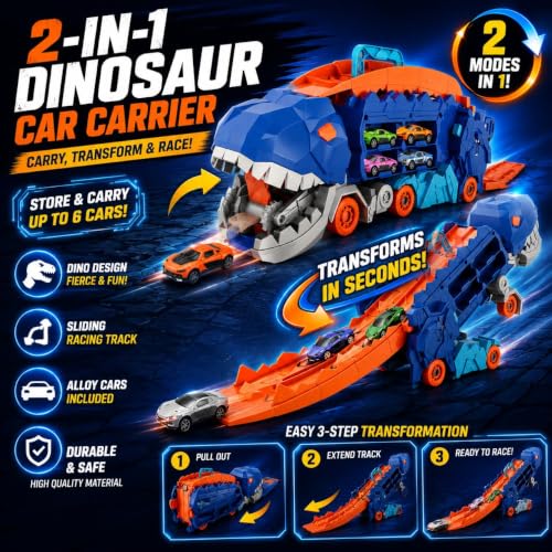 Image of TEC TAVAKKAL Big Hauler Storage & Transform Transport Truck Toy for Kids |3-in-1 Carrier Truck with 2 Foldable Ejection Race Tracks & Die-Cast Cars |61 Inch Dual Racing Track |Educational Toy (Dino)