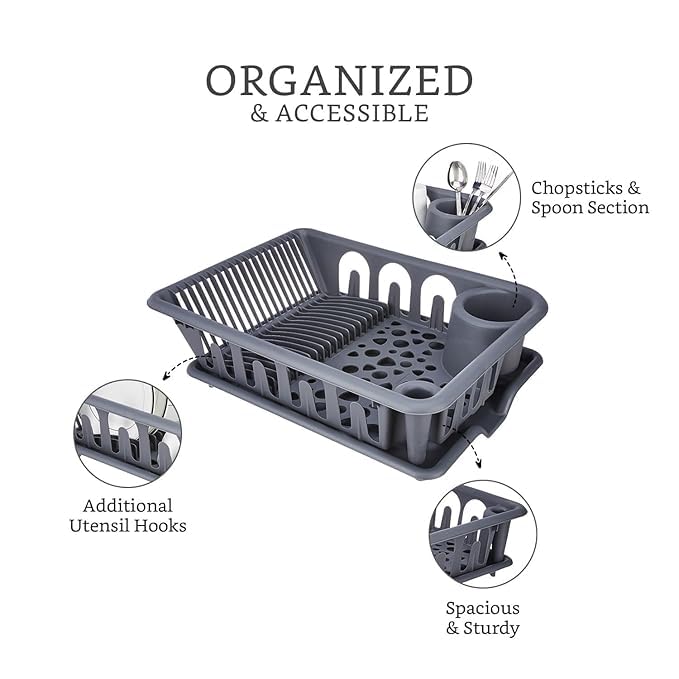Image of HomeWiz Large Plastic Dish Drying Rack | Rust-Free Utensil Rack with Built-in Drainage | 50 KG + Weight Capacity | Kitchen Rack with Cutlery Holder | BPA-Free Food Grade Plastic | 48x35x13 cm | Grey
