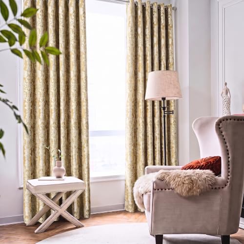 Image of OpulentDreams Jacquard Curtains - Heavy Ring Top Window Curtains for Bedroom & Living Room - Fully Lined - Includes Two Tie Backs - Pair of Panels (Leaf Gold - Eyelet, 66" x 72" (167 x 183 cm))