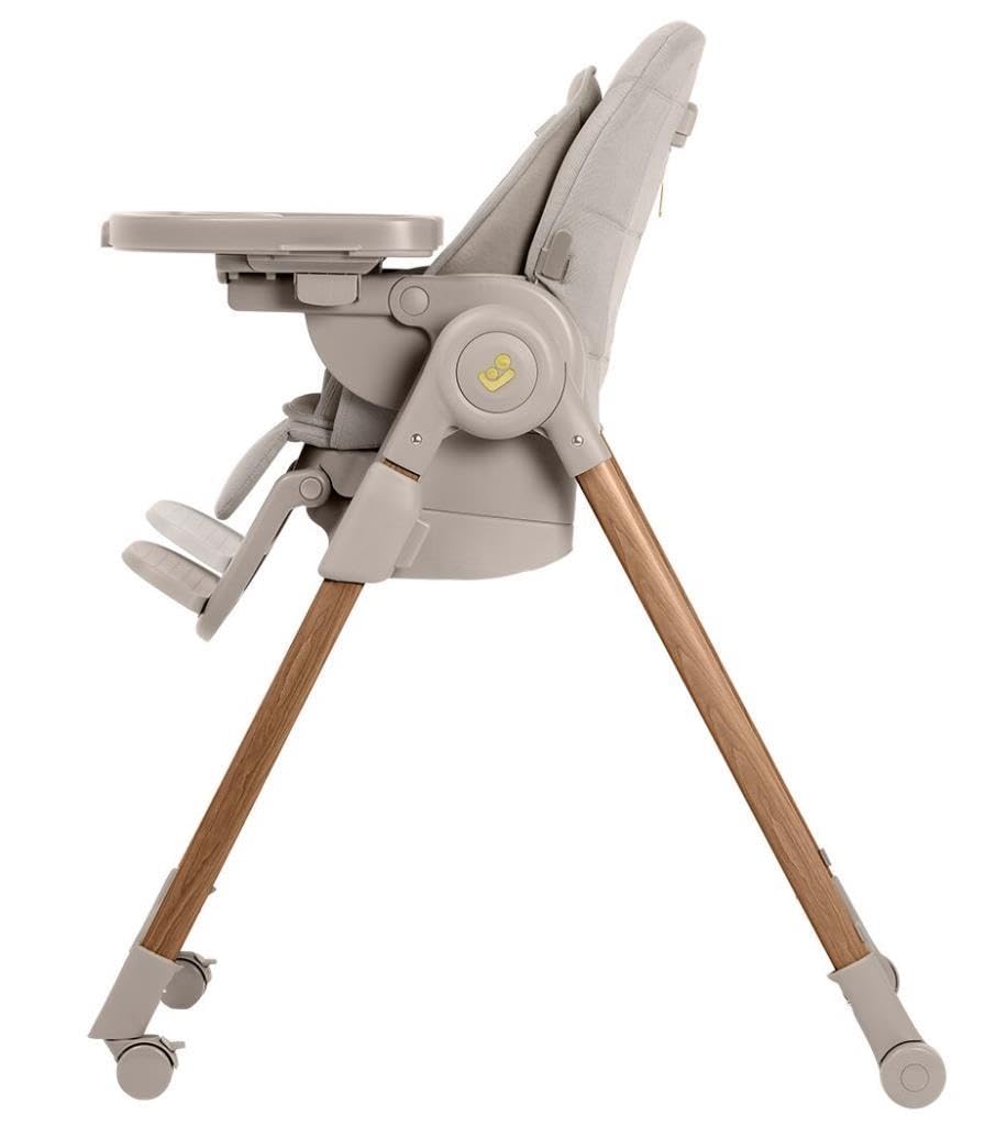 Maxi-Cosi Minla Plus, chaise haute évolutive de 0 à 14 ans (0–60 kg), avec plateau pivotant à une main, 4 roues, 9 hauteurs, 5 inclinaisons, pliable compact, Elegance Beige.