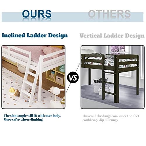 Bonnlo Low Loft Bed Full Size With Inclined Stairs, Junior Loft Bed With High Guard Rail For Kids/Young Teens/Adults, Solid Wood Low Bunk Bed Full Size White, 2 Center Beams, No Box Spring Required #TOP2