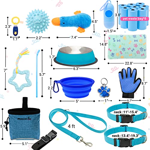 Welpen-Starter-Set für kleine Hunde – 26-teiliges Hundespielzeug, Halsband, Leine, Welpen-Training, Cilcker, Leckerlibeutel, Kotbeutel mit Spender, Decke, Fellpflegehandschuh, Zahnbürste, ID-Tag usw