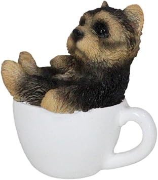 Ebros Gift Realistic Adorable Mini Yorkie in White Teacup Sculpture 3" Tall Pet Pal Yorkshire Terrier Dog Breed Collectible Resin Decor Figurine with Glass Eyes