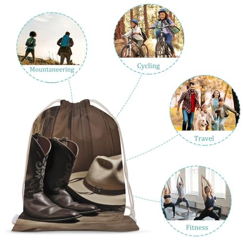 Drawstring Backpack Gym Bag Cowboy Black Hat Western Boots Cinch Sackpack Waterproof Beach Bag for Women Men3